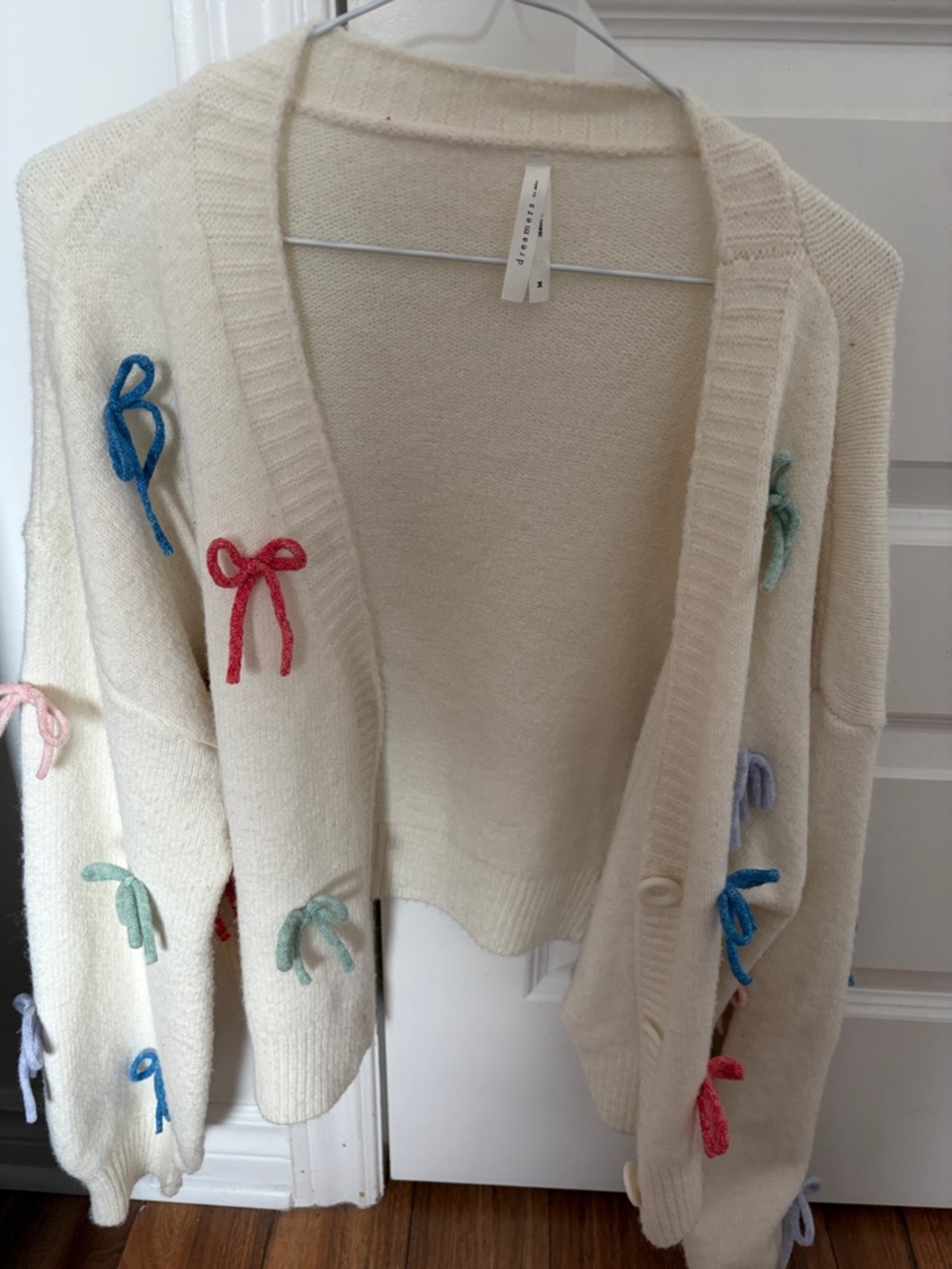 Cream Bow-Appliqué Open Cardigan Sweater - Unbranded